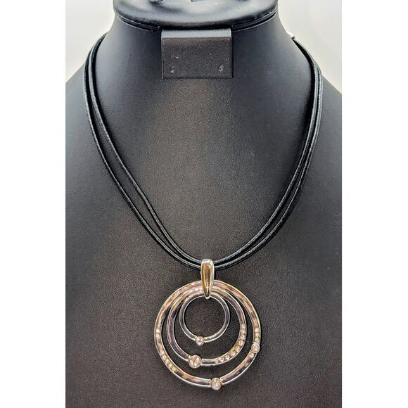Chico's NWT Black Corded Hammered Silver Tone Rhinestone Circle Pendant Necklace - Picture 1 of 6